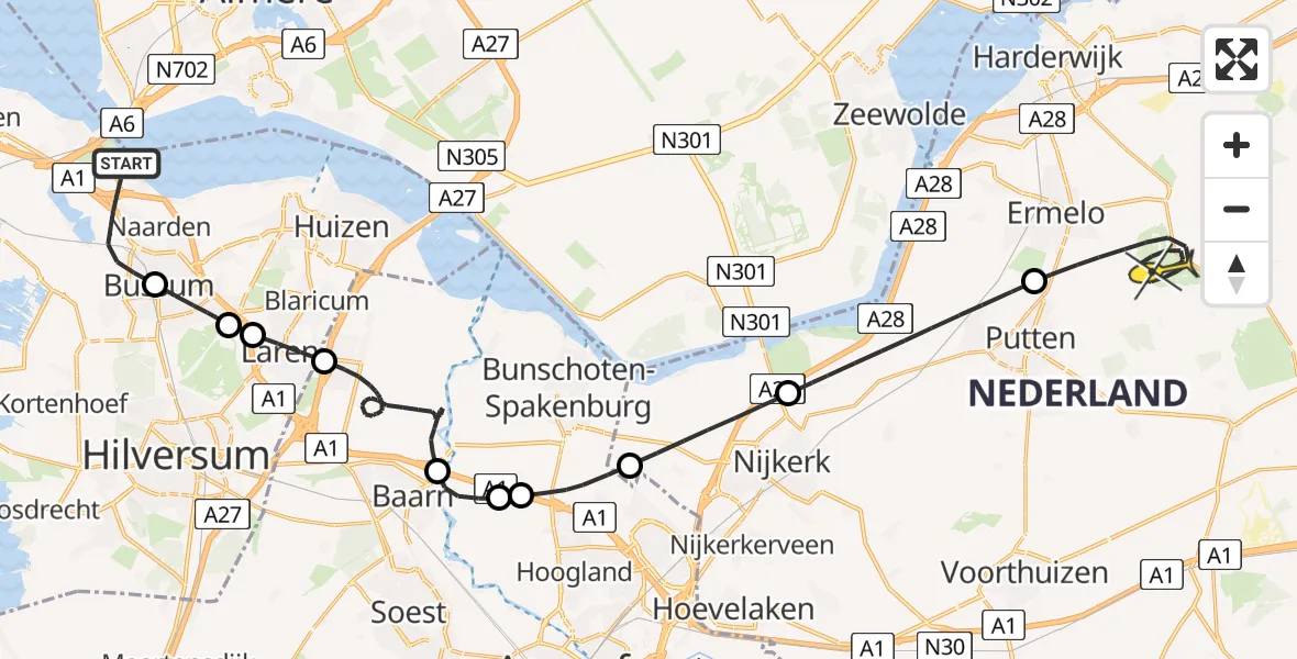 Routekaart van de vlucht: Politieheli naar Ermelo, Gooimeer