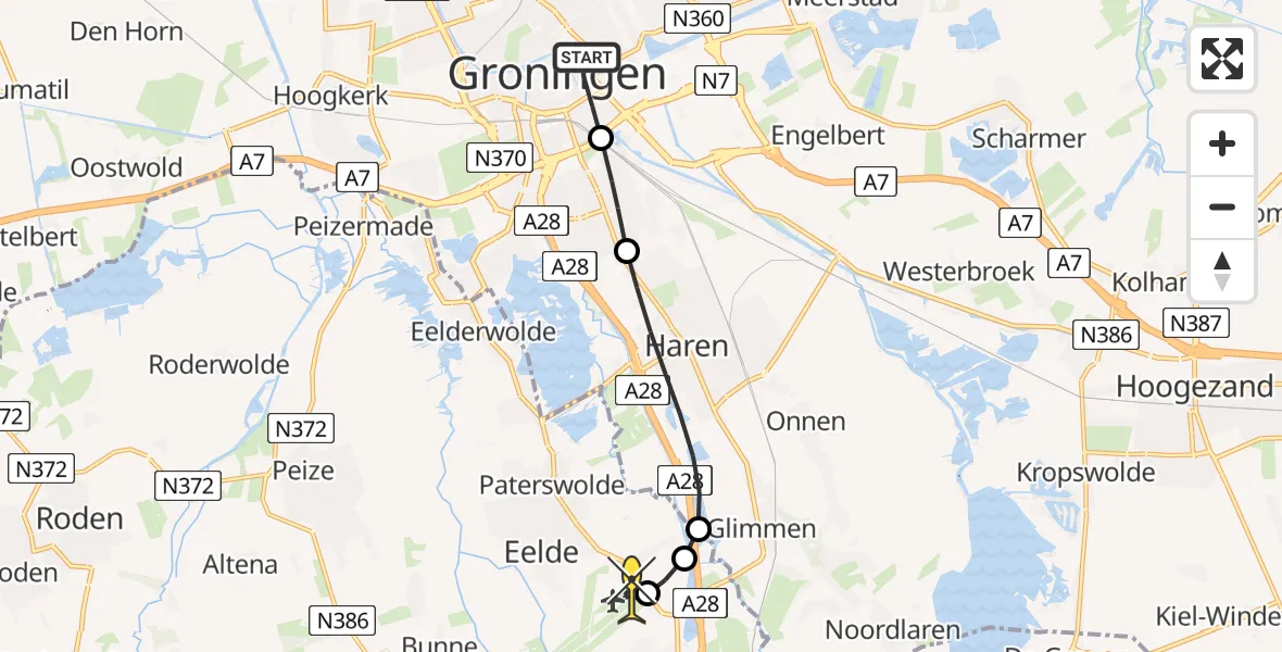 Routekaart van de vlucht: Lifeliner 4 naar Groningen Airport Eelde, Meeuwerderweg