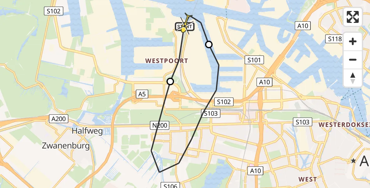 Routekaart van de vlucht: Lifeliner 1 naar Amsterdam Heliport, Nieuw-Zeelandweg