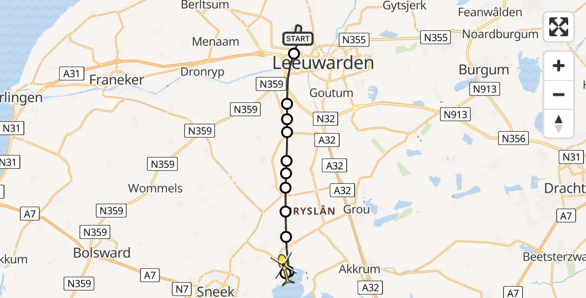 Routekaart van de vlucht: Ambulanceheli naar Offingawier, Keegsdijkje