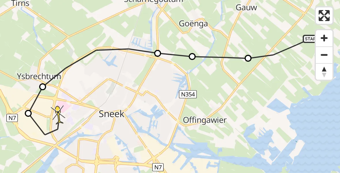 Routekaart van de vlucht: Ambulancehelikopter naar Sneek, Koaiwei