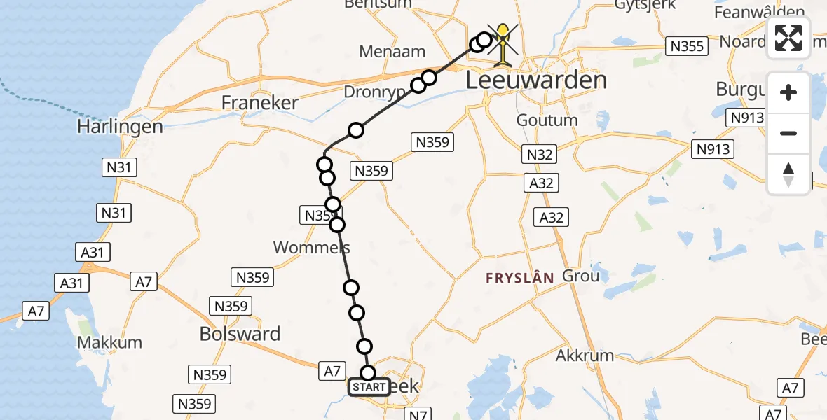 Routekaart van de vlucht: Ambulancehelikopter naar Vliegbasis Leeuwarden, It Heechhiem