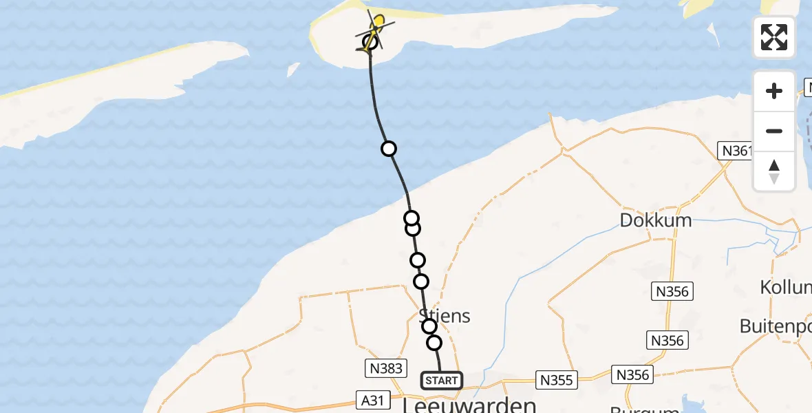 Routekaart van de vlucht: Ambulancehelikopter naar Ameland Airport Ballum, Keegsdijkje