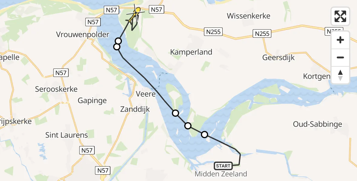 Routekaart van de vlucht: Kustwachthelikopter naar Kamperland, Pietweg