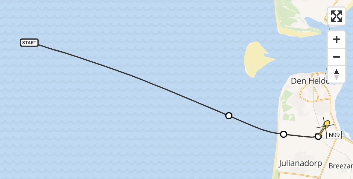 Routekaart van de vlucht: Kustwachthelikopter naar Vliegveld De Kooy, Rijksweg