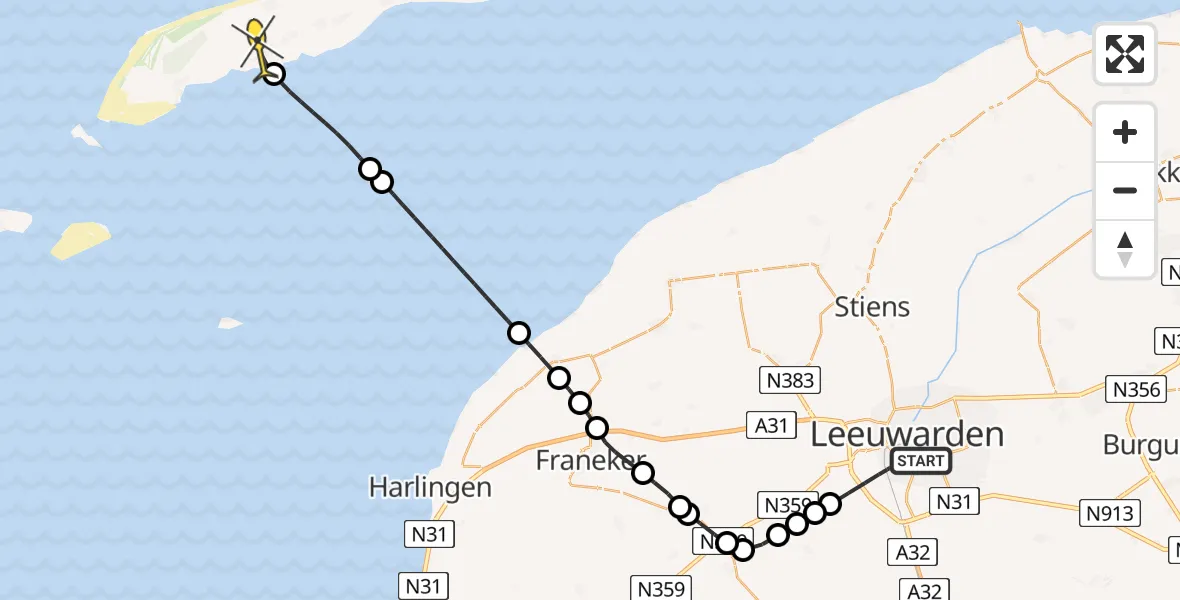Routekaart van de vlucht: Ambulancehelikopter naar Midsland, Curaçaostraat