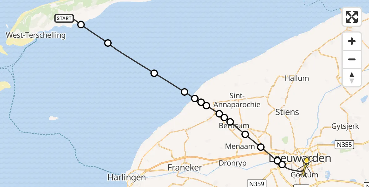 Routekaart van de vlucht: Ambulanceheli naar Leeuwarden, Hornsjildeweg