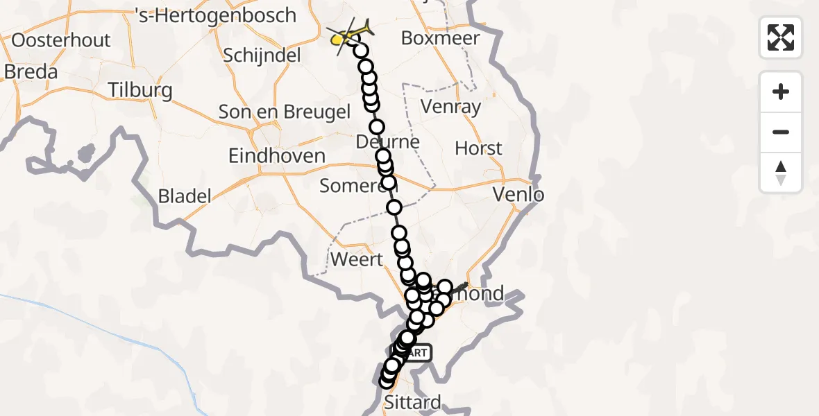 Routekaart van de vlucht: Politiehelikopter naar Vliegbasis Volkel, Ophoven