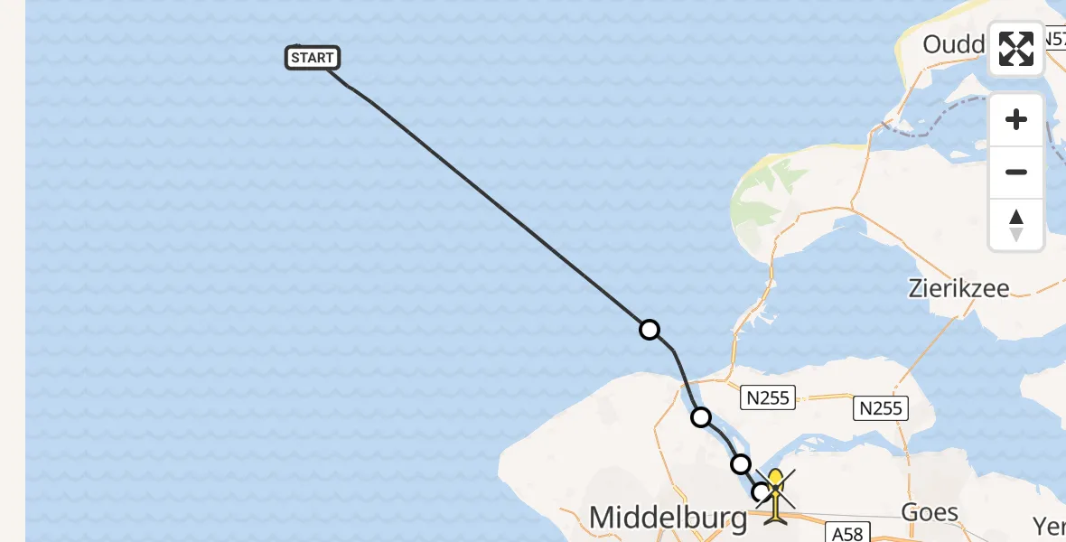Routekaart van de vlucht: Kustwachthelikopter naar Vliegveld Midden-Zeeland, Calandweg