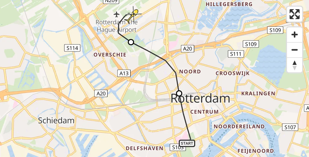 Routekaart van de vlucht: Lifeliner 2 naar Rotterdam The Hague Airport, Gouvernestraat