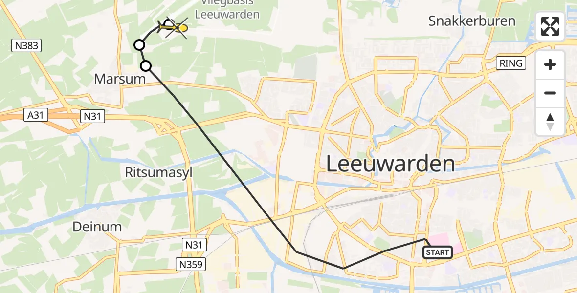 Routekaart van de vlucht: Ambulanceheli naar Vliegbasis Leeuwarden, Julianalaan