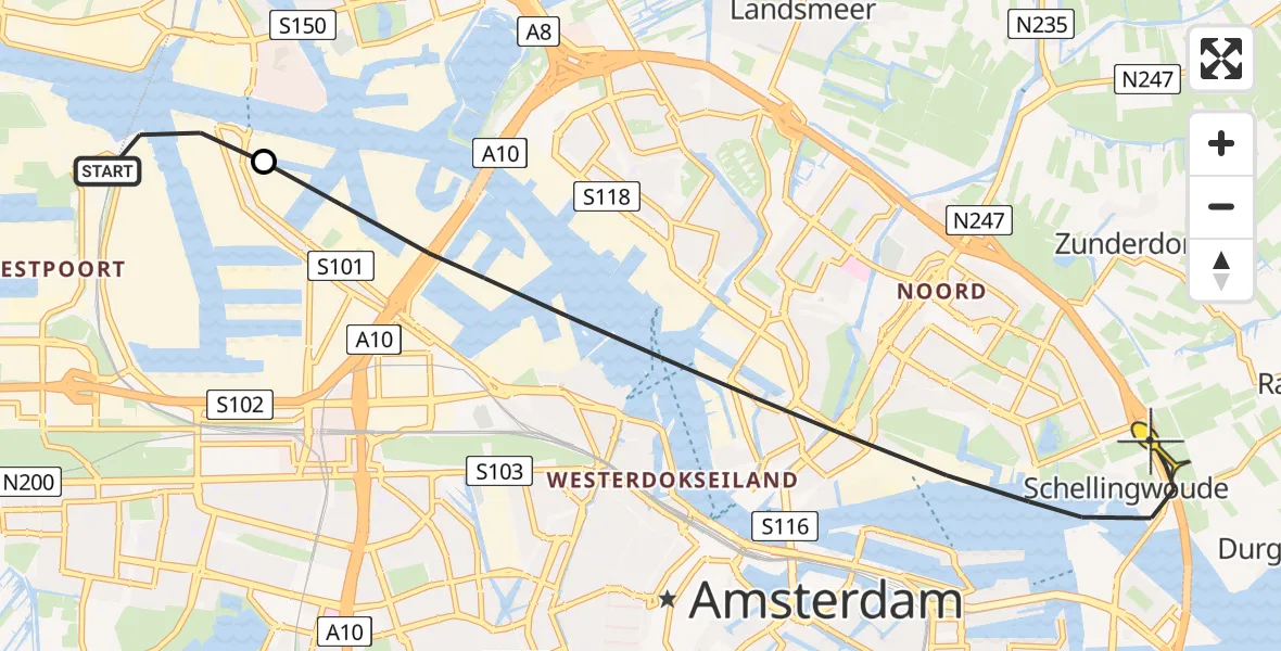 Routekaart van de vlucht: Lifeliner 1 naar Amsterdam, Westhavenweg