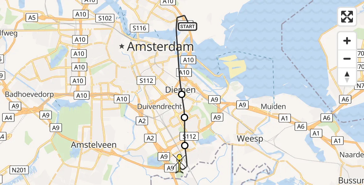 Routekaart van de vlucht: Lifeliner 1 naar Academisch Medisch Centrum (AMC), Slootdorpstraat