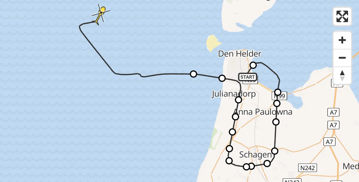 Routekaart van de vlucht: Kustwachthelikopter naar Oostoeverweg