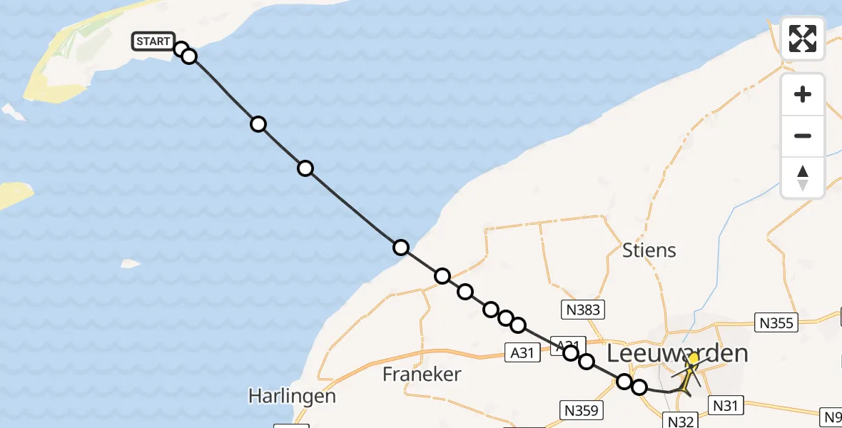 Routekaart van de vlucht: Ambulanceheli naar Leeuwarden, Hornsjildeweg