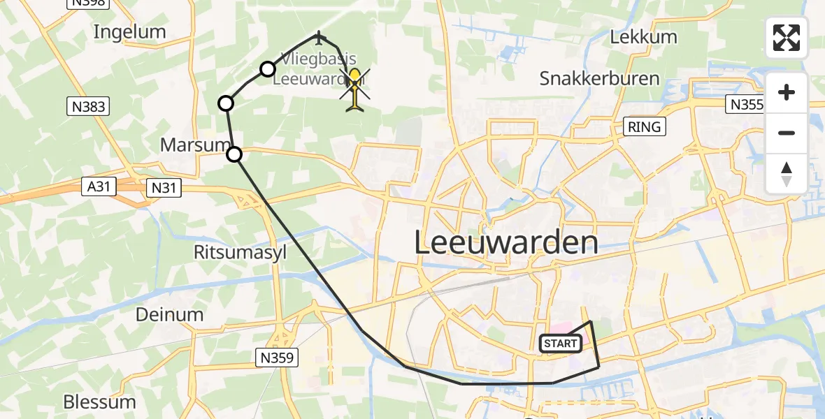 Routekaart van de vlucht: Ambulanceheli naar Vliegbasis Leeuwarden, Fioringras