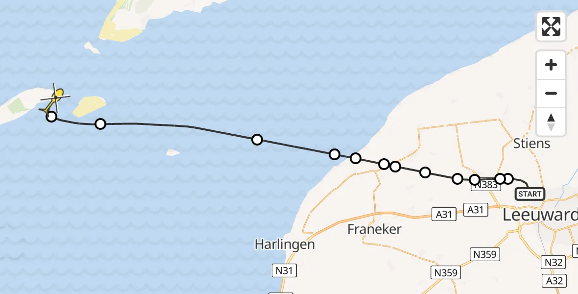 Routekaart van de vlucht: Ambulanceheli naar Vlieland Heliport, Keegsdijkje
