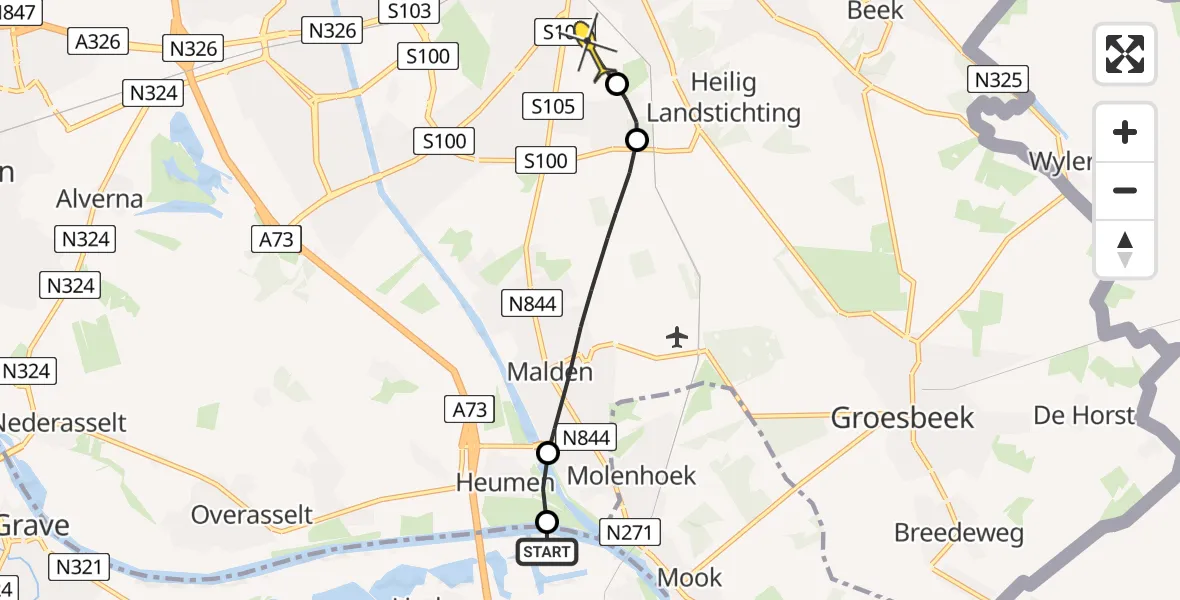Routekaart van de vlucht: Lifeliner 3 naar Radboud Universitair Medisch Centrum, Oosterkanaaldijk
