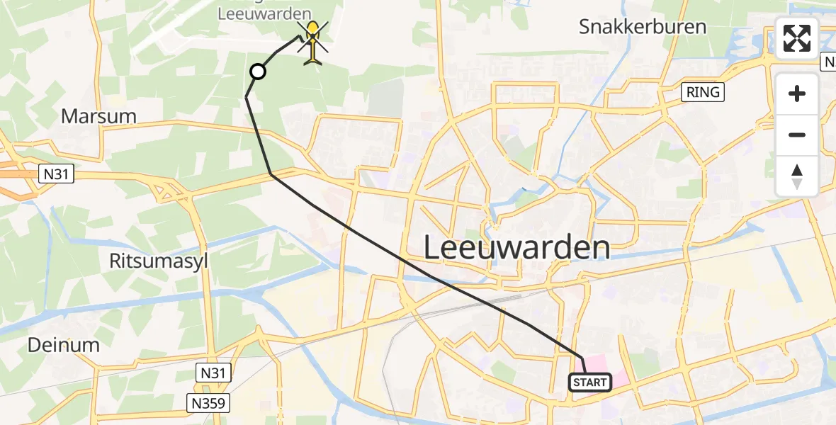 Routekaart van de vlucht: Ambulanceheli naar Vliegbasis Leeuwarden, Simon de Vliegerstraat