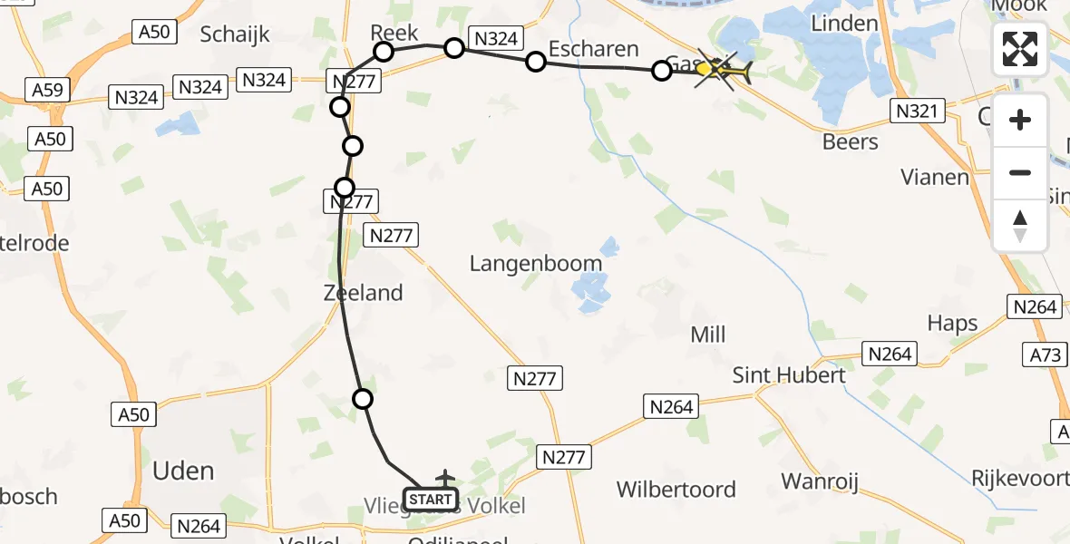 Routekaart van de vlucht: Politieheli naar Gassel, Zeelandsedijk