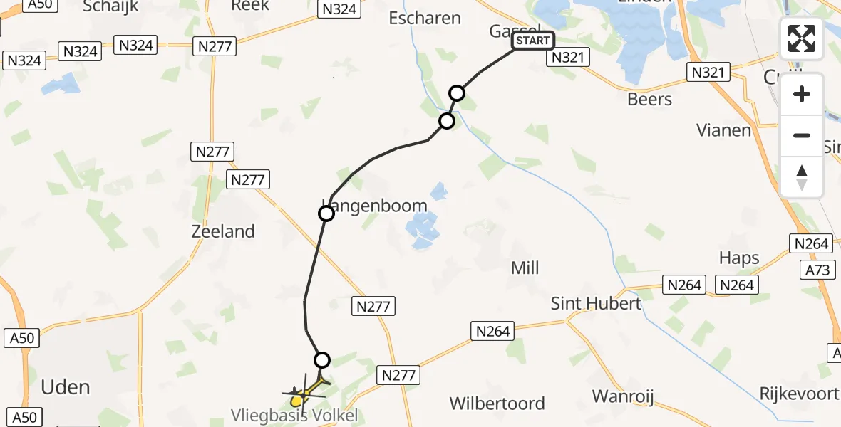 Routekaart van de vlucht: Politieheli naar Vliegbasis Volkel, Kapellaan