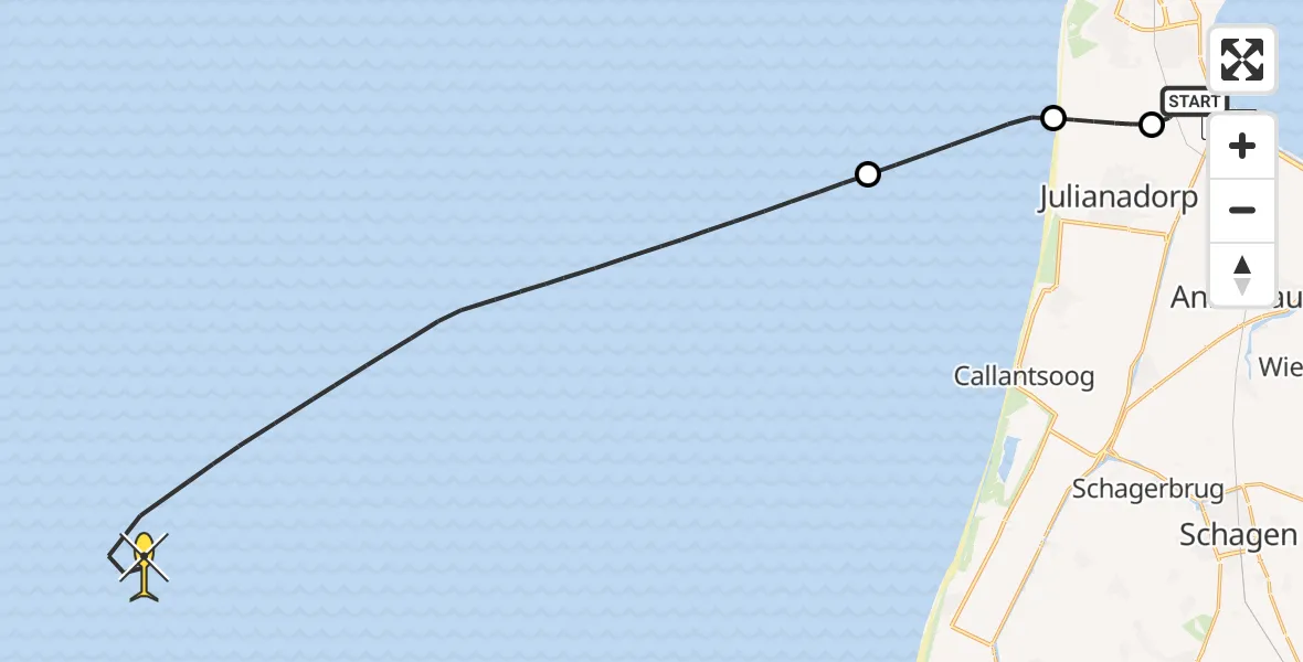 Routekaart van de vlucht: Kustwachthelikopter naar Kortevliet