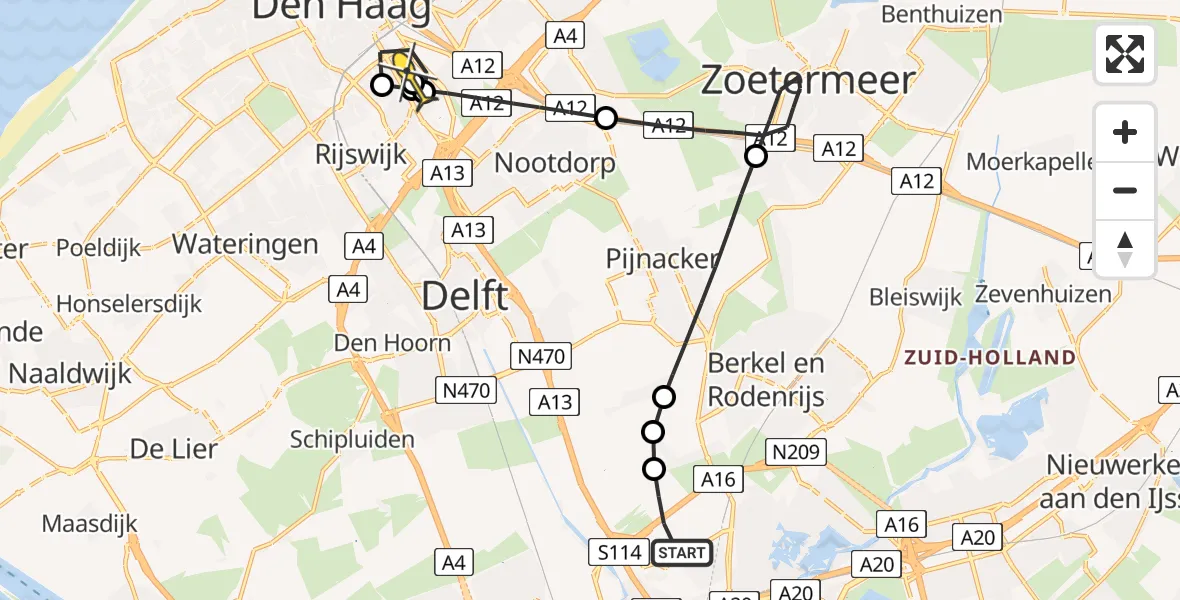 Routekaart van de vlucht: Lifeliner 2 naar Den Haag, Schieveense polder