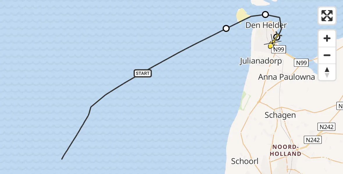 Routekaart van de vlucht: Kustwachthelikopter naar Vliegveld De Kooy, Doggersvaart