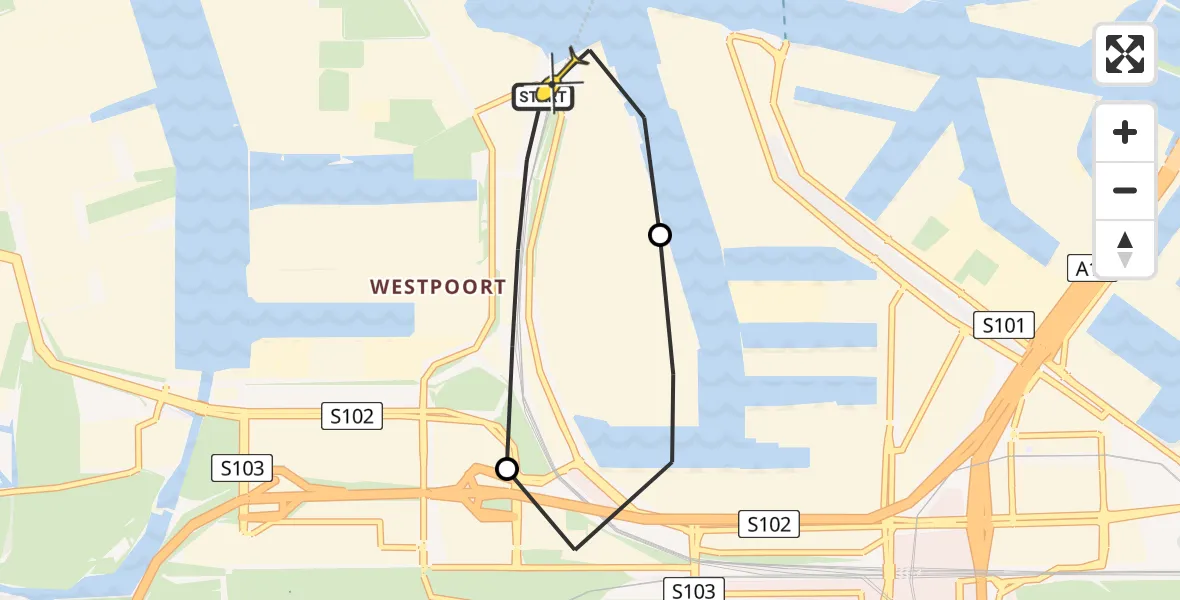 Routekaart van de vlucht: Lifeliner 1 naar Amsterdam Heliport, Nieuw-Zeelandweg
