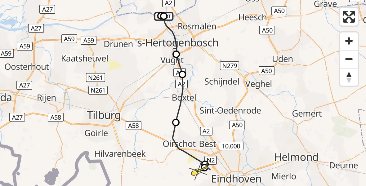 Routekaart van de vlucht: Politieheli naar Eindhoven Airport, Mussenwaard