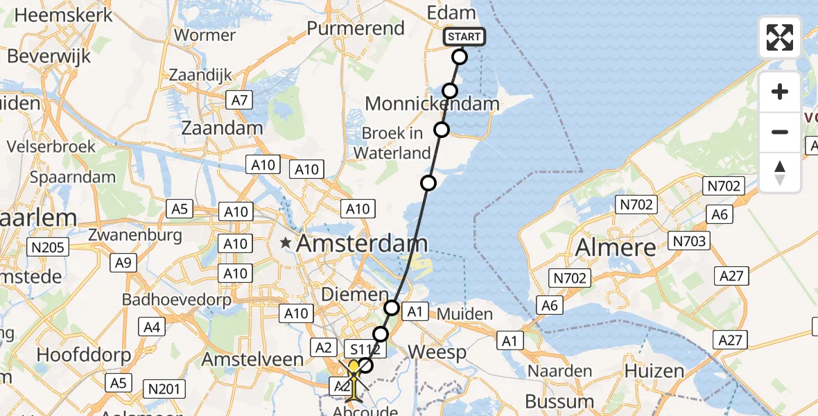 Routekaart van de vlucht: Lifeliner 1 naar Academisch Medisch Centrum (AMC), De Krom