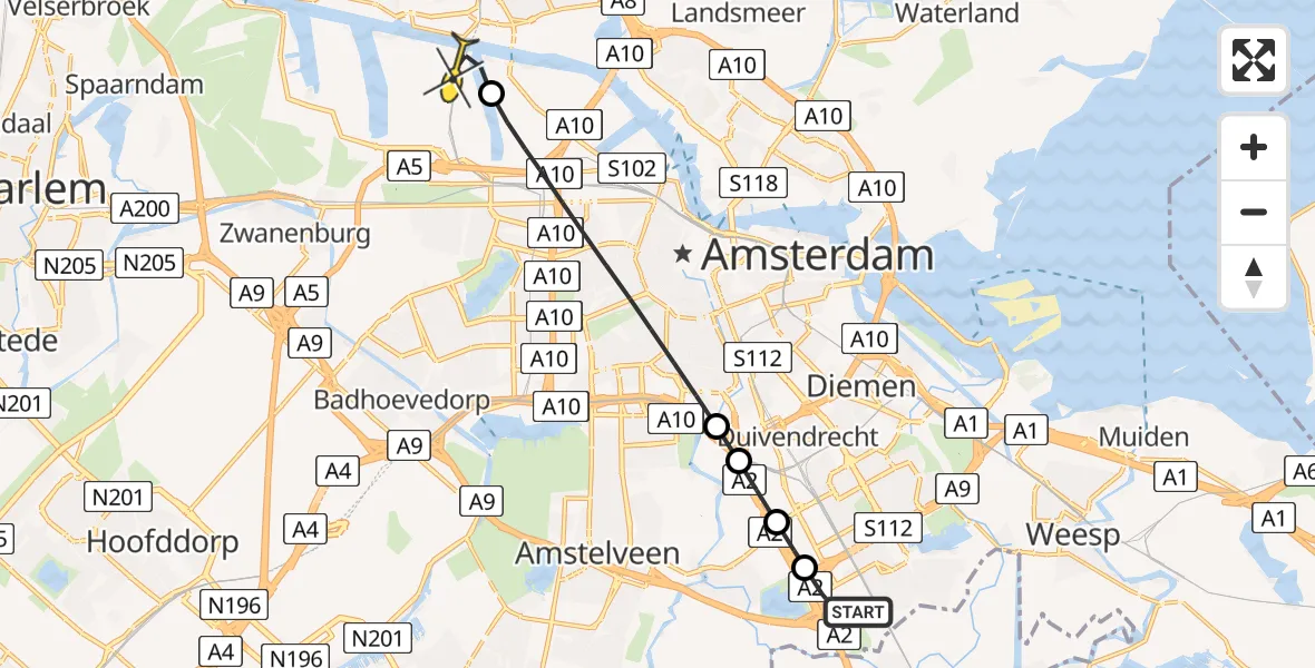 Routekaart van de vlucht: Lifeliner 1 naar Amsterdam Heliport, Meibergpad