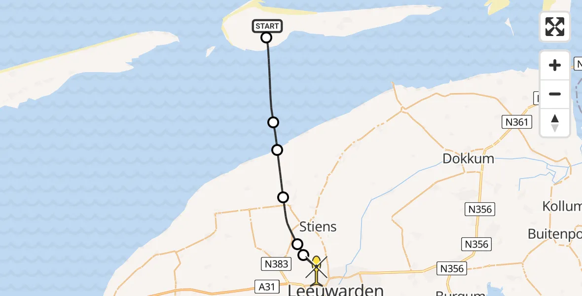 Routekaart van de vlucht: Ambulanceheli naar Vliegbasis Leeuwarden, Jelmeraweg