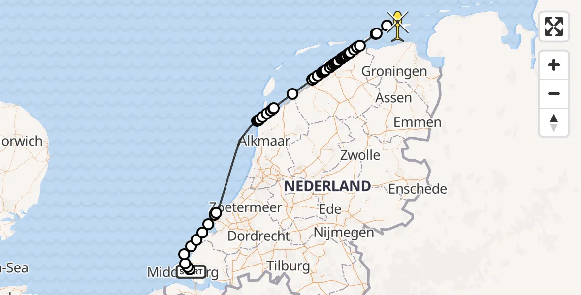 Routekaart van de vlucht: Kustwachthelikopter naar Calandweg