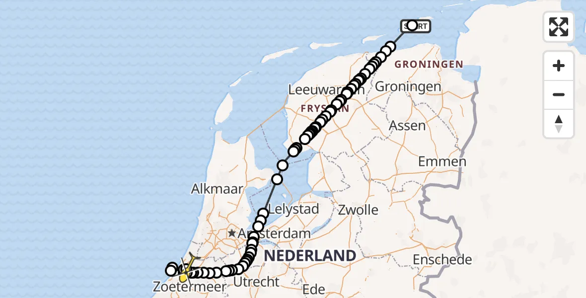 Routekaart van de vlucht: Kustwachthelikopter naar Leiden, Albinusdreef