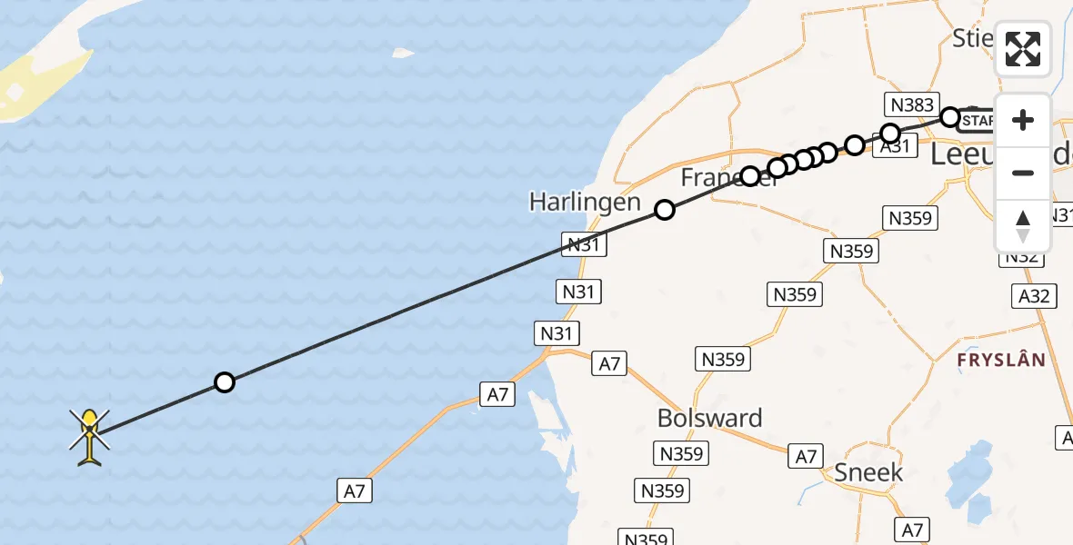 Routekaart van de vlucht: Ambulanceheli naar Oosterend, Keegsdijkje