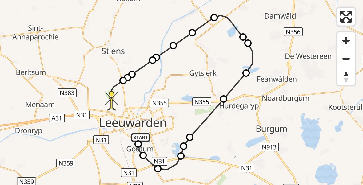 Routekaart van de vlucht: Ambulancehelikopter naar Vliegbasis Leeuwarden, Aldlânsdyk