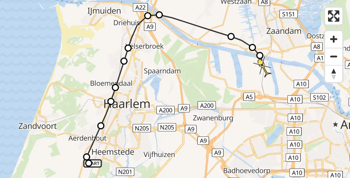 Routekaart van de vlucht: Lifeliner 1 naar Amsterdam Heliport, Boekenroodeweg