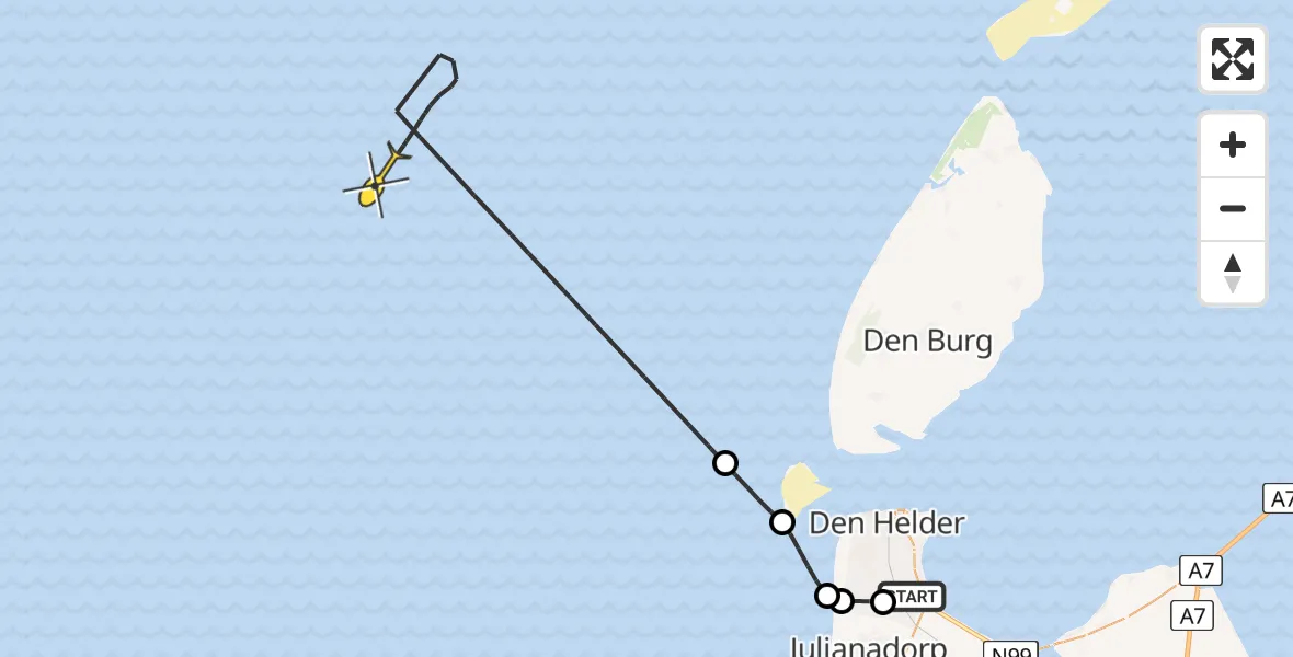 Routekaart van de vlucht: Kustwachthelikopter naar Middenvliet