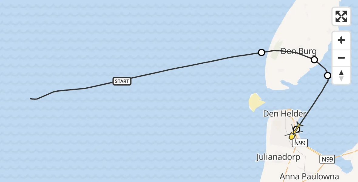 Routekaart van de vlucht: Kustwachthelikopter naar Vliegveld De Kooy, Oostoeverweg