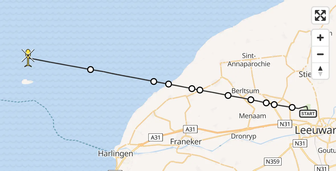 Routekaart van de vlucht: Ambulanceheli naar West-Terschelling, Keegsdijkje
