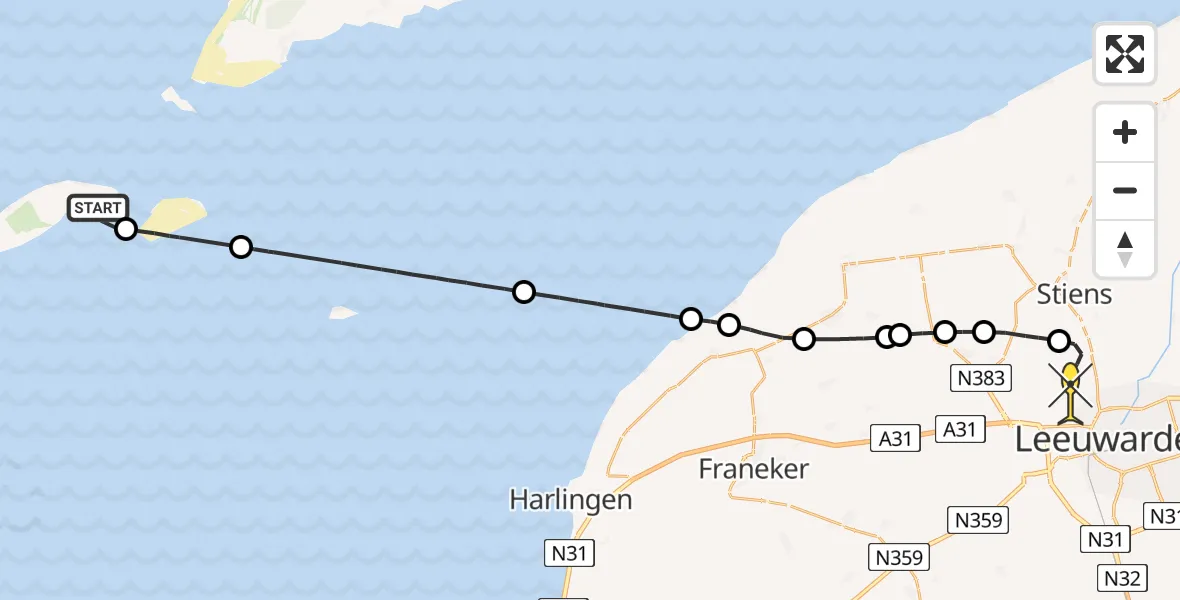 Routekaart van de vlucht: Ambulancehelikopter naar Vliegbasis Leeuwarden, Haven Vlieland
