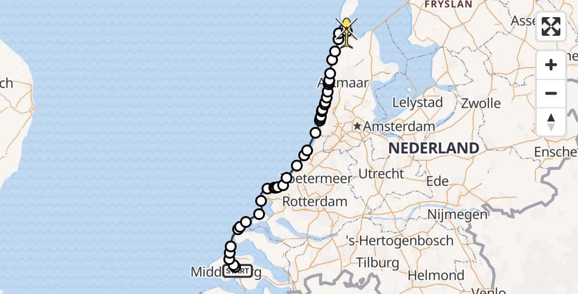 Routekaart van de vlucht: Kustwachthelikopter naar Vliegveld De Kooy, Oranjeplaatweg