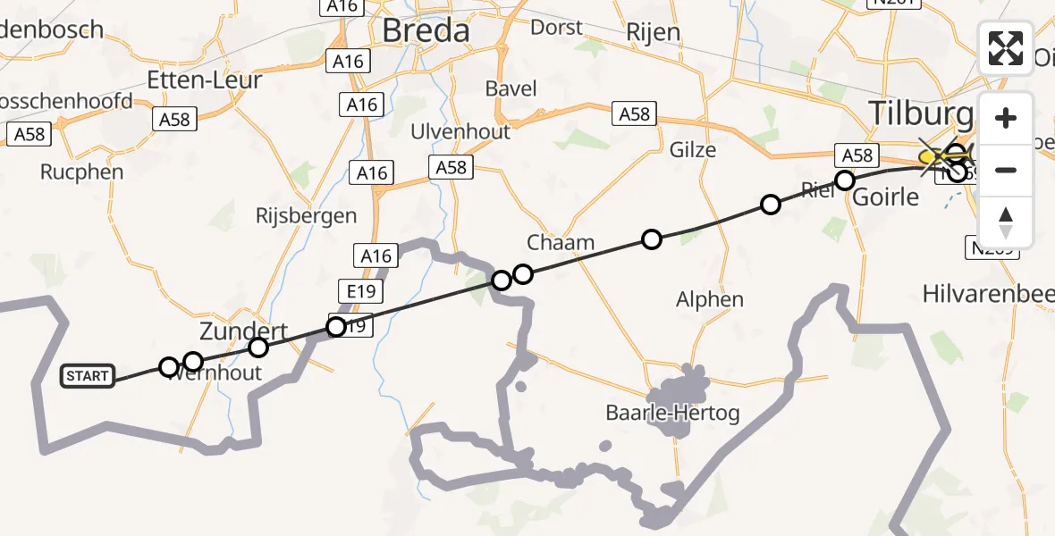 Routekaart van de vlucht: Lifeliner 2 naar Tilburg, Nieuwmoerseweg