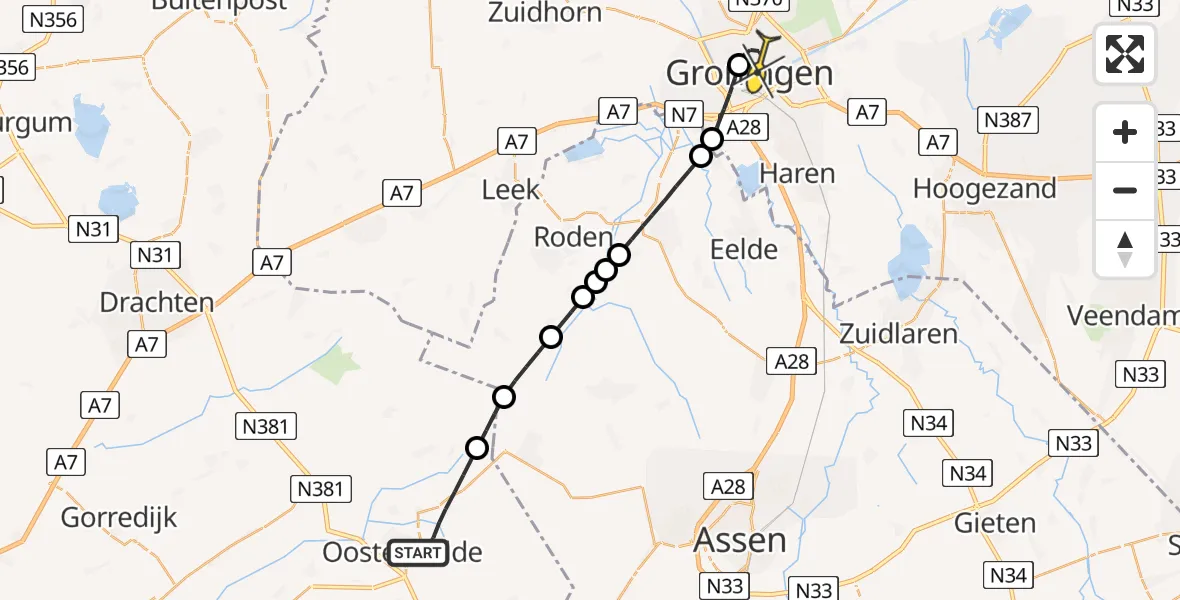 Routekaart van de vlucht: Lifeliner 4 naar Universitair Medisch Centrum Groningen, Klazingaweg