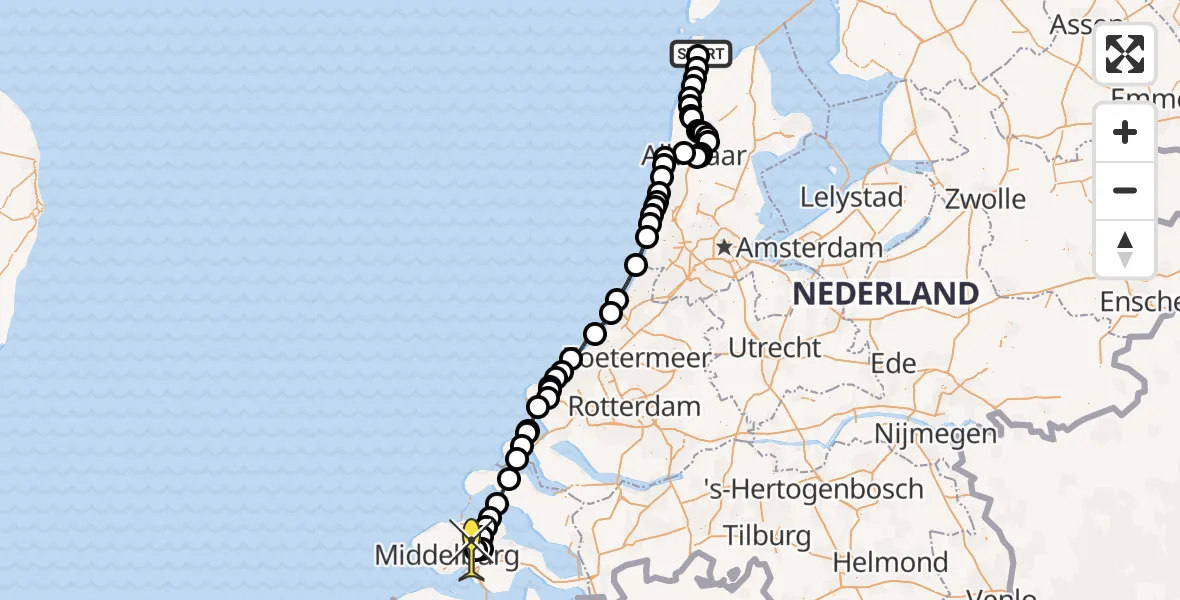 Routekaart van de vlucht: Kustwachthelikopter naar Vliegveld Midden-Zeeland, Maria's hoeve