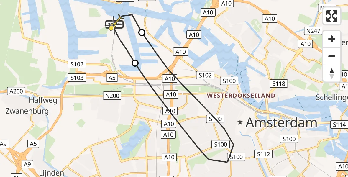 Routekaart van de vlucht: Lifeliner 1 naar Amsterdam Heliport, Corsicaweg