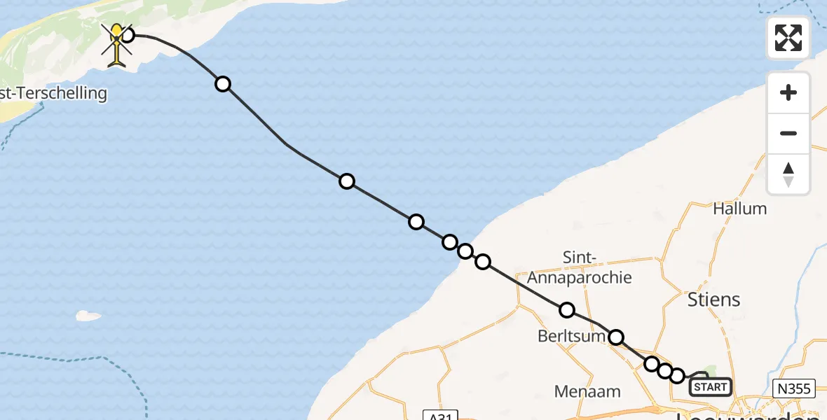Routekaart van de vlucht: Ambulanceheli naar Midsland, Keegsdijkje