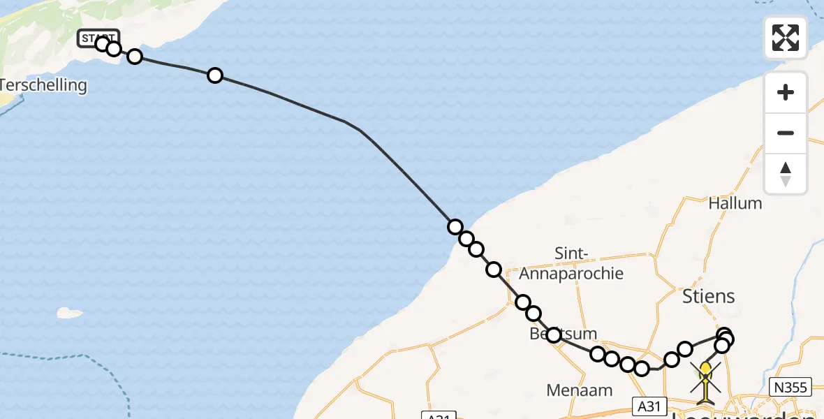 Routekaart van de vlucht: Ambulancehelikopter naar Vliegbasis Leeuwarden, Tuintjesweg