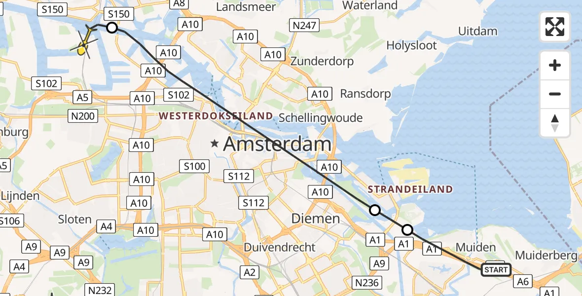 Routekaart van de vlucht: Lifeliner 1 naar Amsterdam Heliport, Weesperbinnenweg